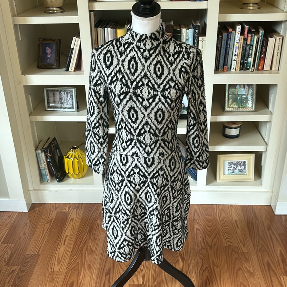 NWT H&M Black White Long‎ Sleeve Mock Turtleneck Fit & Flare Dress Small Casual